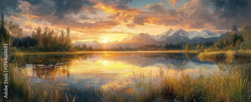 Tranquil sunset over a reflective lake with golden reeds, distant snow-capped mountains, and vibrant clouds creating a peaceful and warm natural landscape