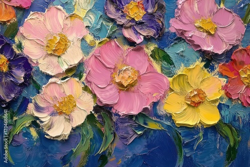 Close-up of vibrant and textured oil painting featuring colorful flowers in shades of pink, purple, yellow, and orange with green leaves on a blue background