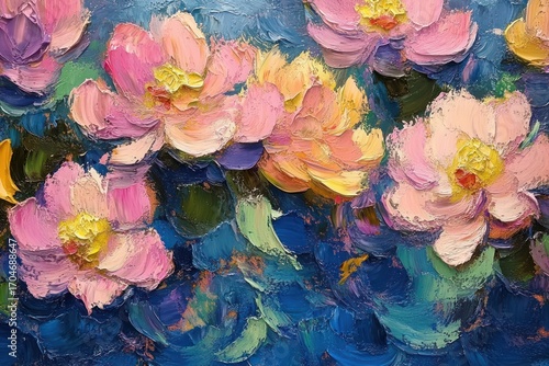 Colorful oil painting of blooming flowers with thick textured petals in shades of pink, yellow, purple, and blue evoking a lively and vibrant mood