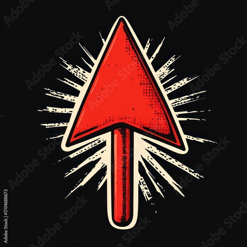 Large red arrow pointing upward with dynamic burst rays on black background, conveying motion and energy