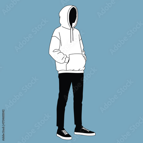 Minimalist Vector Illustration of Person in Hoodie and Sneakers in Modern Style with Monochrome Black White and Light Blue Background