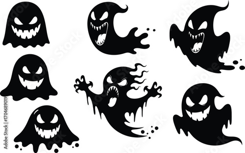 Spooky black ghost silhouettes with glowing eyes and jagged smiles for Halloween