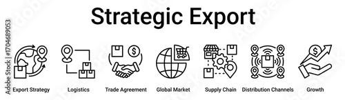 Strategic Export banner web icon vector illustration concept for business with icon of Export Strategy, Logistics, Trade Agreement, Global Market, Supply Chain, Distribution Channels.