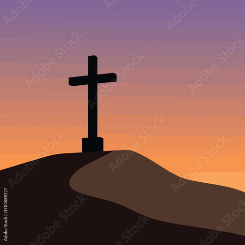 Minimalist Vector Illustration of Cross on Hill at Sunset in Warm Colors with Modern Style