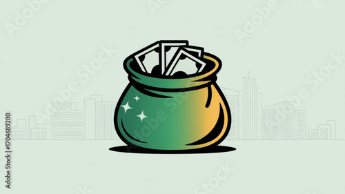 Money bag icon illustration for financial success and investment opportunity with city skyline background