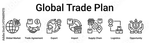 Global Trade Plan banner web icon vector illustration concept for business with icon of Global Market, Trade Agreement, Export, Import, Supply Chain, Logistics.