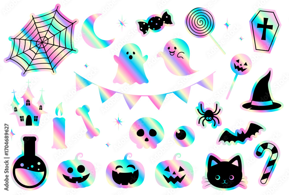 Obraz premium set of pastel holographic Halloween sticker icons