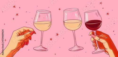 Two hands holding glasses of white wine and one hand holding a glass of red wine against a pink background with scattered small stars, evoking celebration and enjoyment