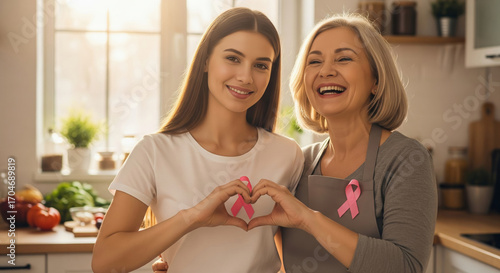 Senior mother and adult daughter making a heart sign for breast cancer awareness. Concept of family support and love.