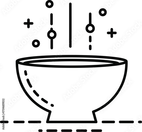 Steaming bowl of delicious food with magical sparkles and abstract lines