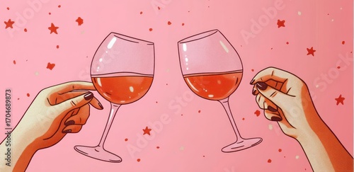 Two hands holding wine glasses clinking together in a celebratory toast against a pink background with red star-shaped confetti