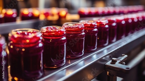 Rows of small glass jars filled with bright red jam moving on a production line in a factory setting under warm lighting