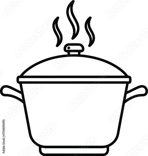 Steaming pot with lid, symbolizing hot food or cooking.