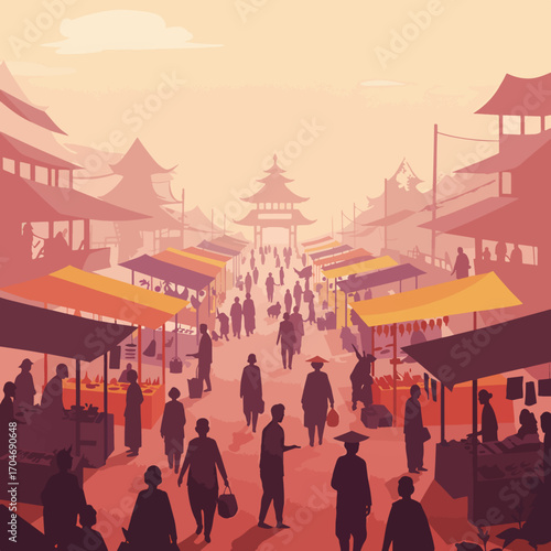 Vector Illustration of Traditional Market Scene with Pagoda Style Buildings in Warm Pink and Orange Tones in Modern Organic Style