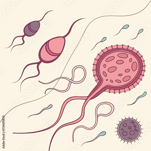 Artistic Representation of Human Fertilization Process Conceptual Medical Illustration of Sperm and Ovum Cells Stylized Diagram of Cellular Reproduction Labeled Diagram of Male and Female Gametes