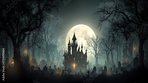 A castle is surrounded by a graveyard and a large moon