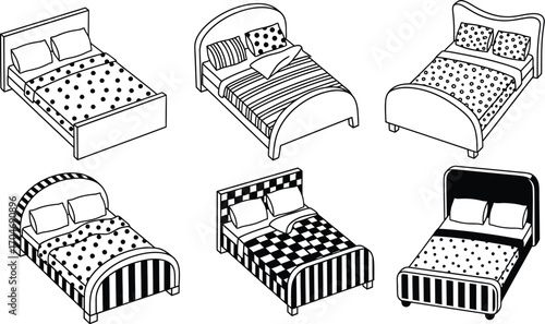 Collection of diverse beds with patterned bedding, offering comfort and style for any bedroom.