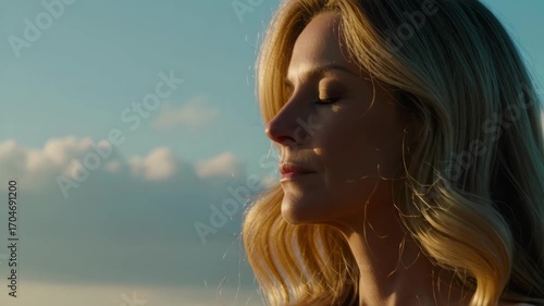 Peaceful woman with closed eyes meditating outdoors in warm sunset light 
