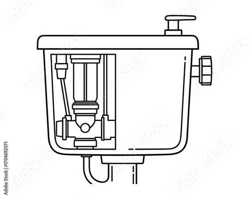 Internal components detailed illustration of a household toilet tank mechanism.