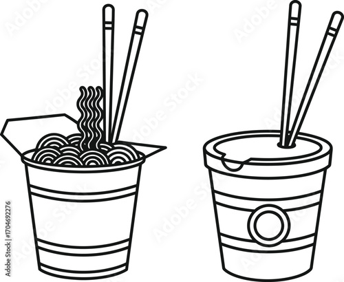 Simple line art of two takeaway noodle containers with chopsticks, one open with noodles visible.