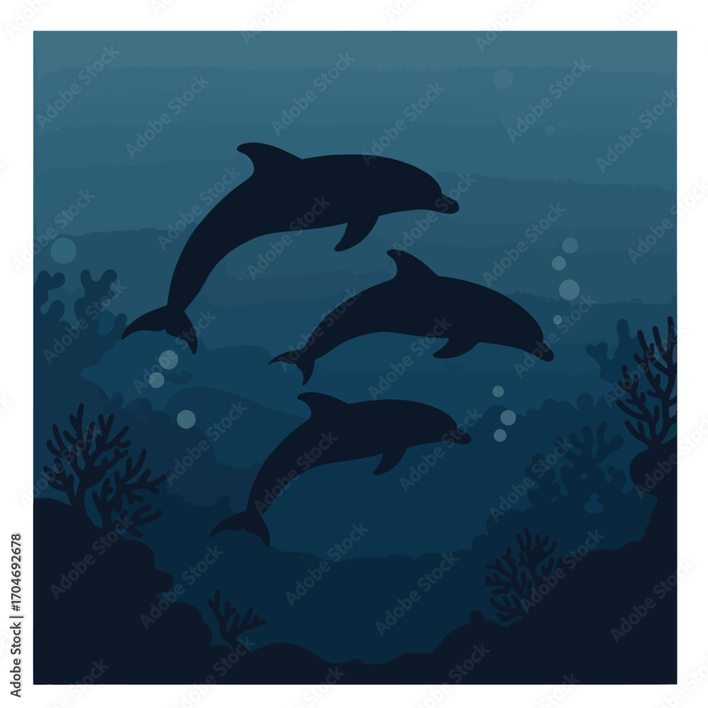 Fototapeta premium Vector Illustration of Dolphins in Ocean Scene in Minimalist Style with Blue Gradient Colors