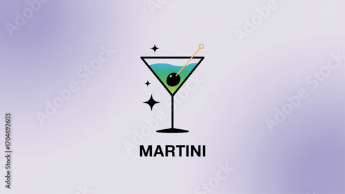 Martini cocktail illustration with olive and stars drink graphic design for bar and restaurant menu design