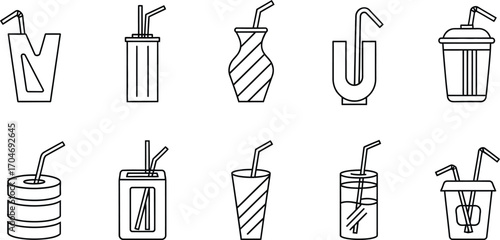 Collection of diverse beverage cups with straws, showcasing various shapes and styles.