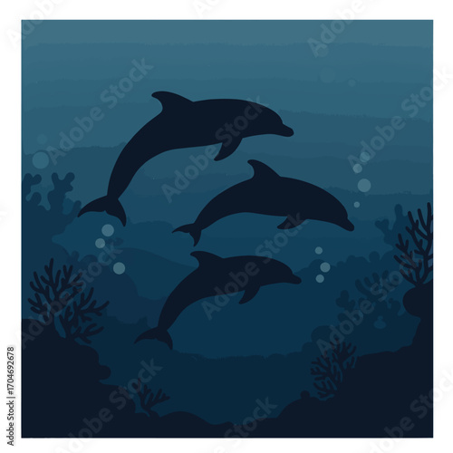 Vector Illustration of Dolphins in Ocean Scene in Minimalist Style with Blue Gradient Colors