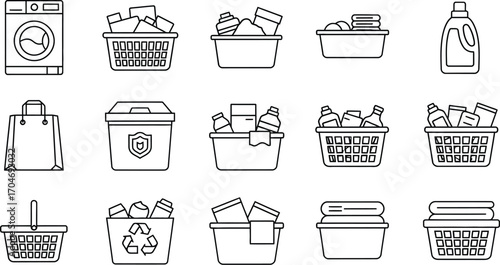 Collection of laundry and cleaning supplies icons, including washing machine, baskets, and detergent bottles.