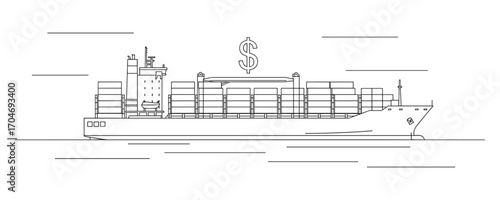 Conceptual Line Art Illustration of a Cargo Container Ship and Dollar Sign