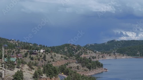 Mid-zoom scan of Colorado mountains and reservoir