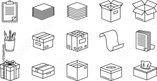 Clean isometric icons representing office supplies, packages, and storage solutions