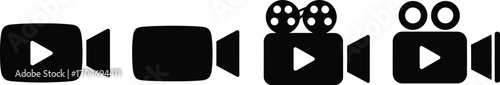 Collection of diverse video play icons and retro film camera symbols