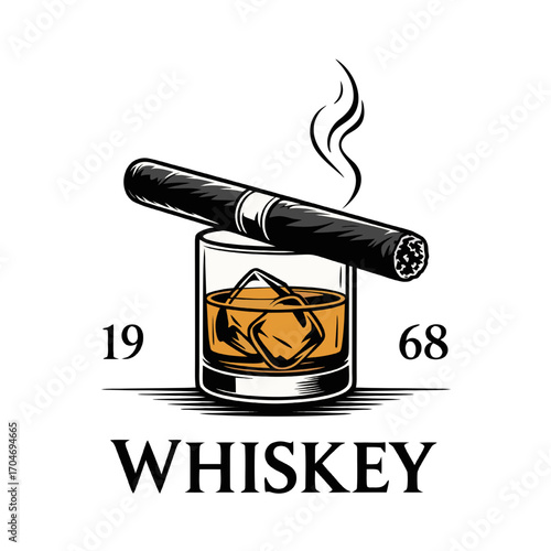 A minimalist logo design featuring a glass of whiskey
with ice cubes and a smoking cigar