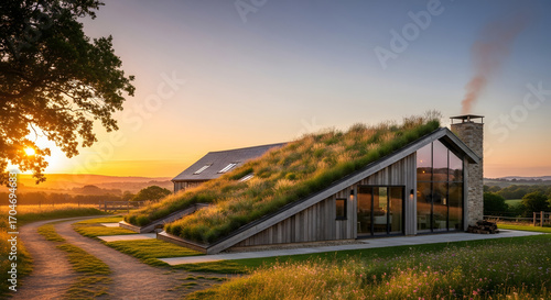 Sustainable roofing materials green roofs house architecture with sunset landscape A modern approach