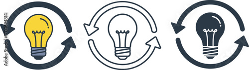Cycle of innovation with glowing and outlined lightbulbs symbolizing ideas and creativity