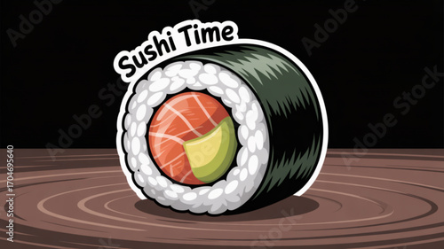 Delicious sushi roll with salmon and avocado illustration for japanese food restaurant menu design concept