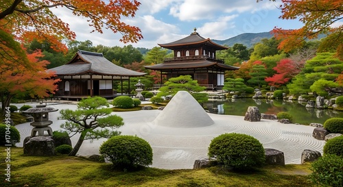 Japanese Zen Garden with Autumn Foliage and Pagoda.