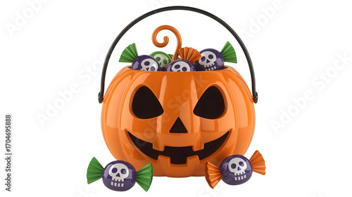 Spooky Halloween pumpkin bucket overflowing with skull candies for trick-or-treaters, ready for festive autumn celebrations and scary fun adventures.