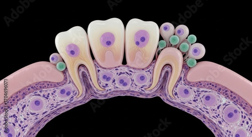 Detailed dental cross section depicting healthy teeth and underlying tissue structures