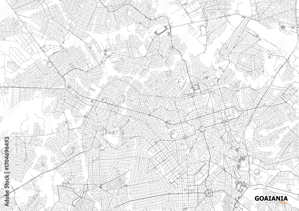 Fototapeta premium A detailed close-up vector map of Goiânia's highway interchange and road network in black and white outline style.