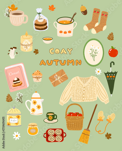 Cozy autumn vector set with sweater, mittens, candle, coffee, roll cake, soup, muffins, socks, and recipe book. Perfect for fall and Thanksgiving designs.