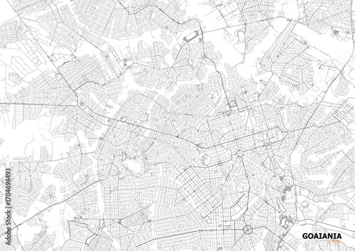 A detailed close-up vector map of Goiânia's highway interchange and road network in black and white outline style.