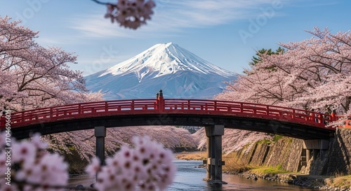 Mount Fuji with Cherry Blossoms and Red Bridge