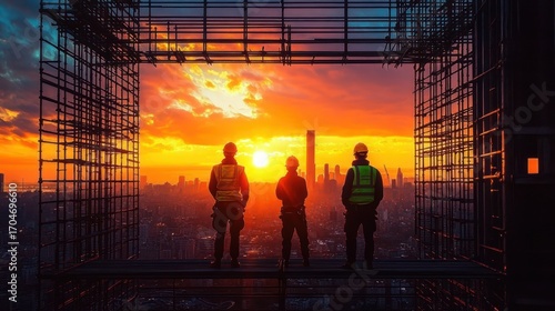 Fototapeta Naklejka Na Ścianę i Meble -  Three construction workers standing on scaffolding overlooking a city skyline at sunset with a vibrant orange and yellow sky