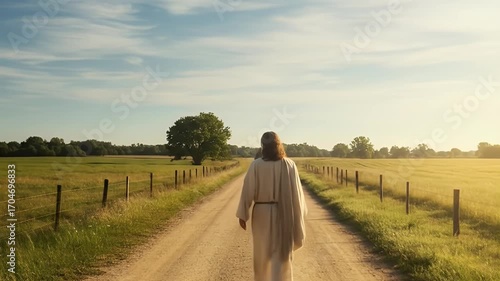 Realistic Video Jesus Walking on Road Towards Sunlight in the Meadow