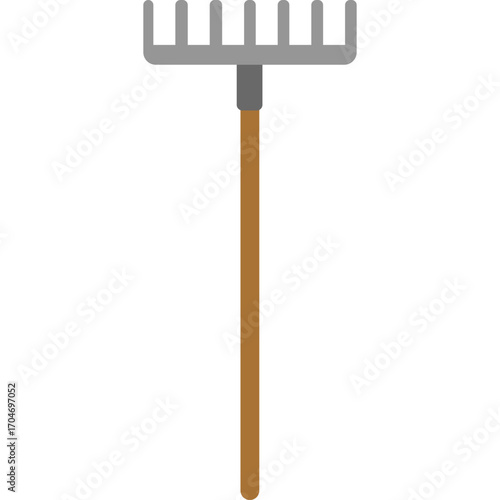 Gray rake with wooden handle, garden tool illustration ideal for cleaning leaves or yard work.

