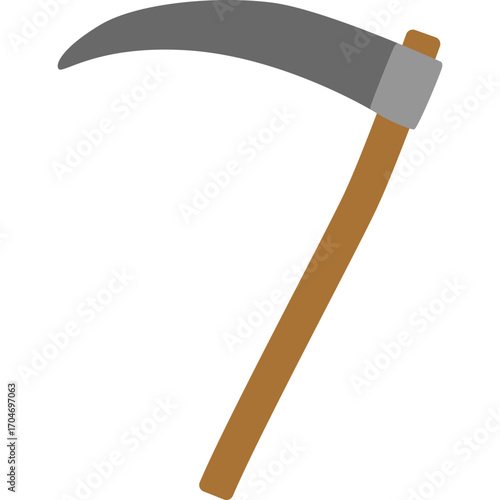 Gray sickle with wooden handle, traditional harvesting tool illustration ideal for farming or rural themes.

