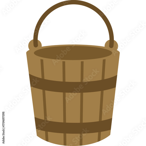 Brown wooden bucket with metal band, rustic container illustration ideal for farm or garden themes.

