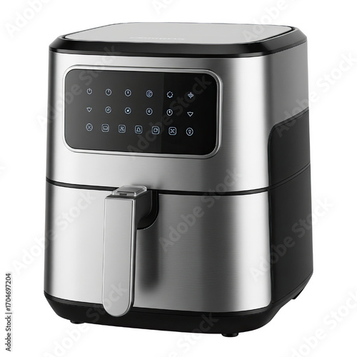 Modern stainless steel air fryer with digital controls isolated on transparent background
